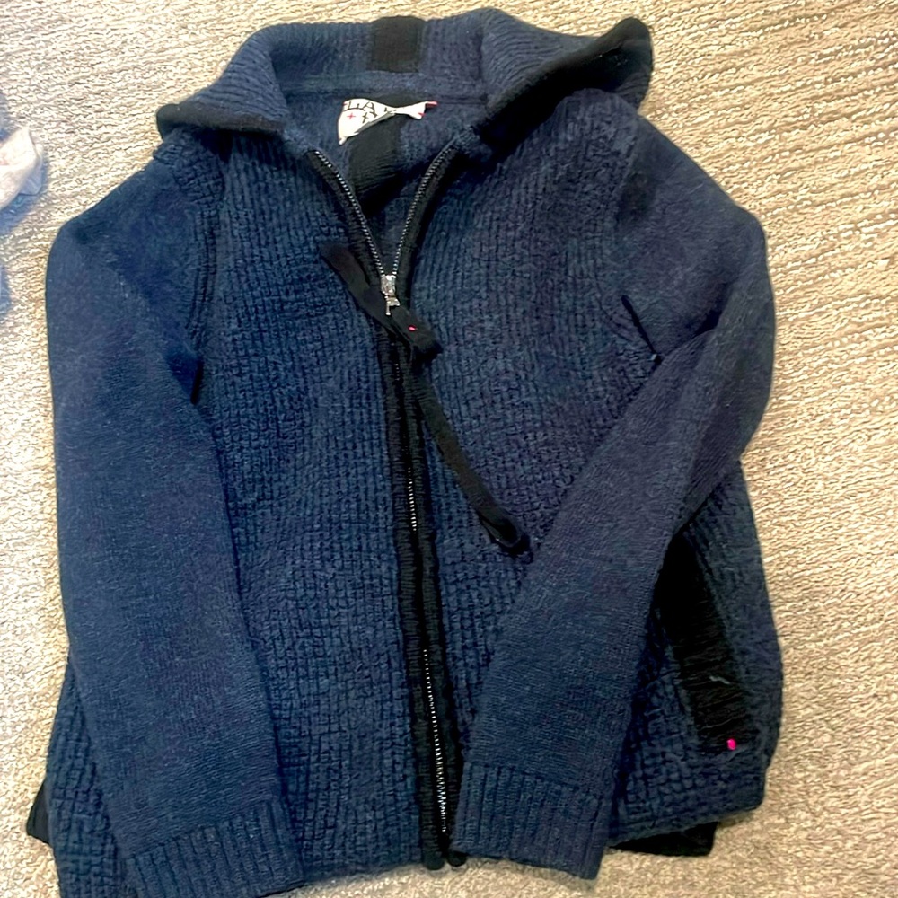 Label + thread navy zip hooded wool cardig…